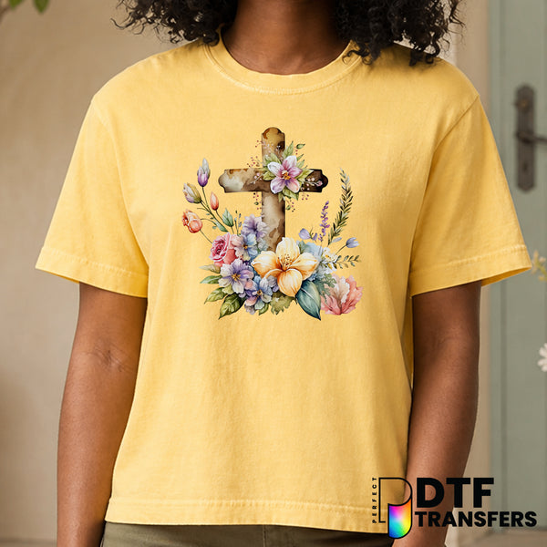 Religious Cross with Flowers – Easter DTF Transfer