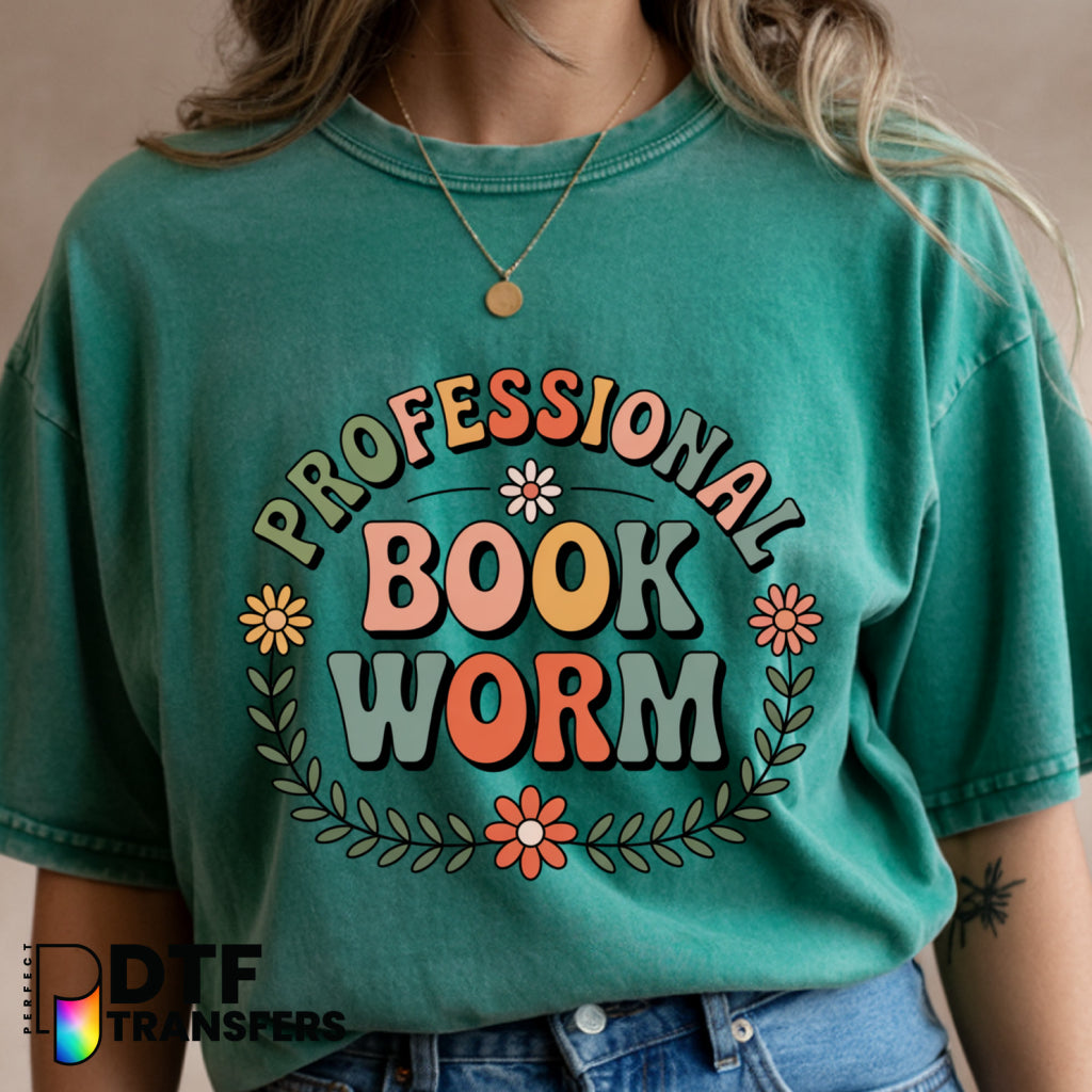 PROFESSIONAL BOOK WORM – Teacher DTF Transfer with Book, Glasses, Worm, and Apple