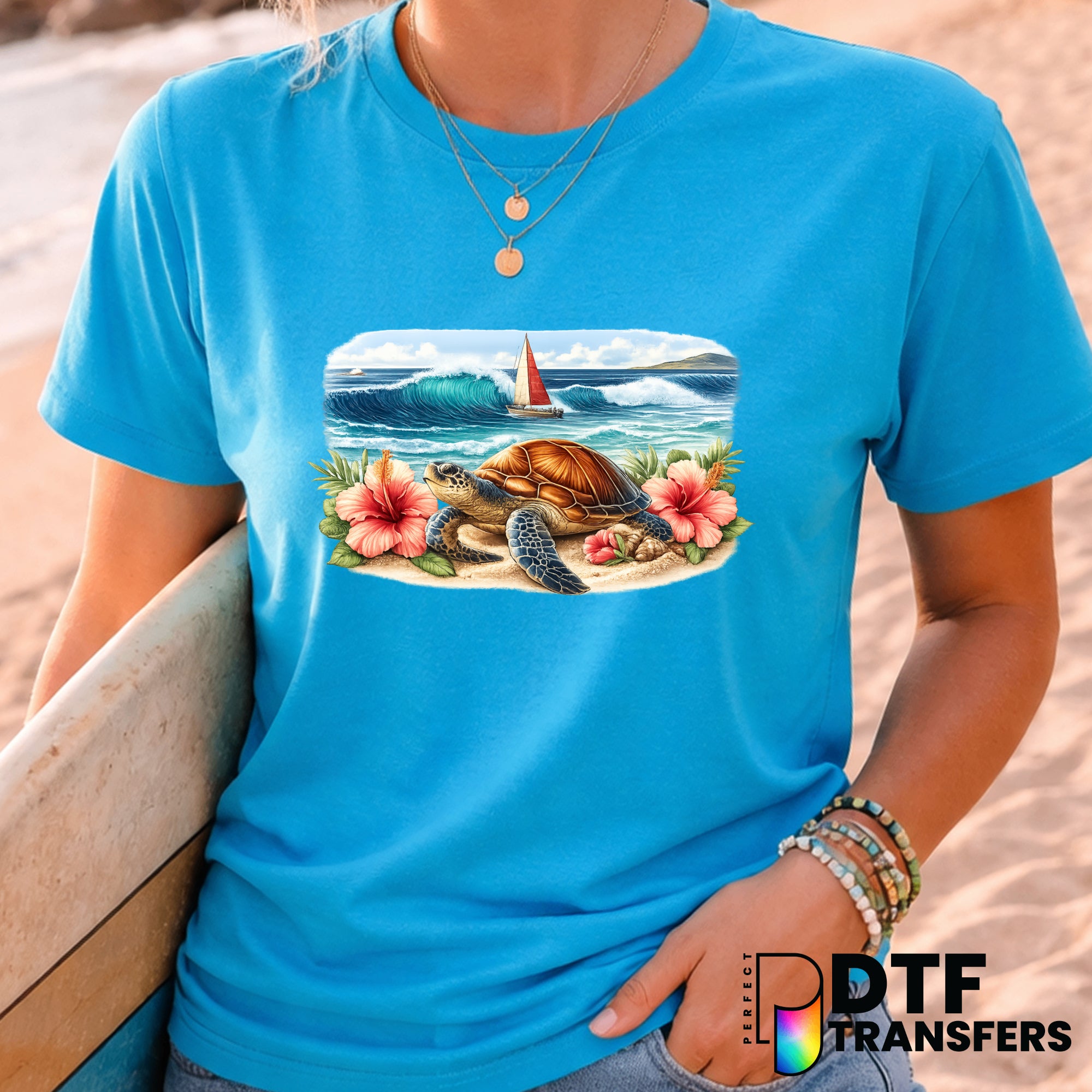 Retro Turtle Sailboat Hibiscus – Surfing DTF Transfer