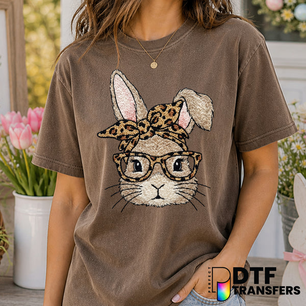 Bunny with Sunglasses Leopard Bow – Easter DTF Transfer