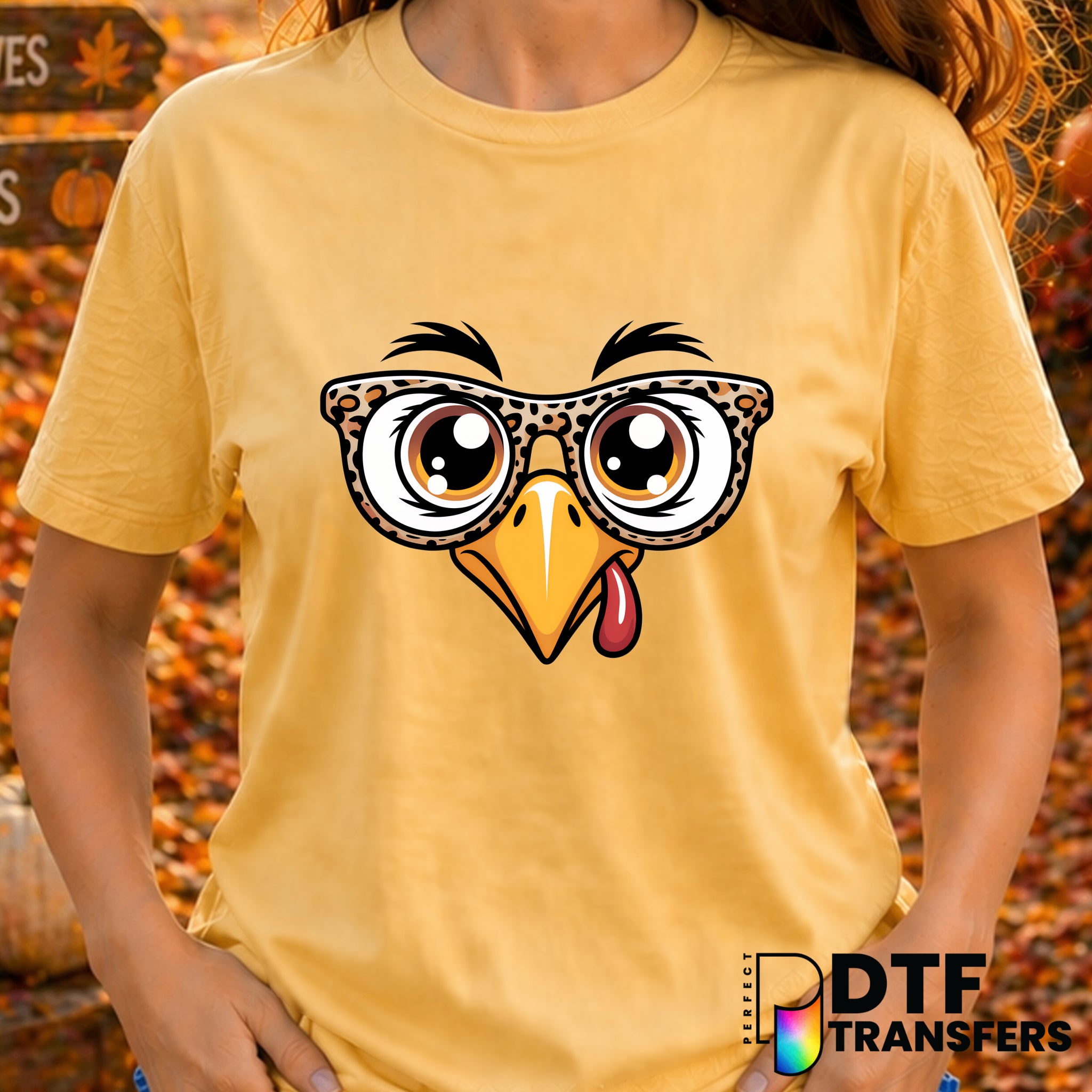 Cute Turkey Face with Leopard Glasses – Thanksgiving DTF Transfer