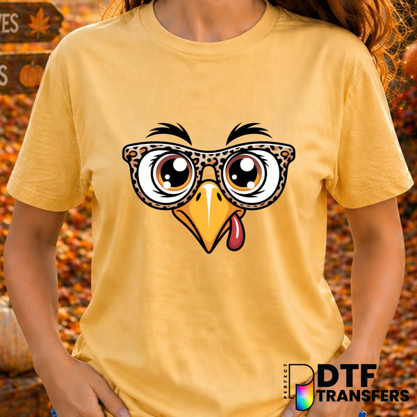 Cute Turkey Face with Leopard Glasses – Thanksgiving DTF Transfer