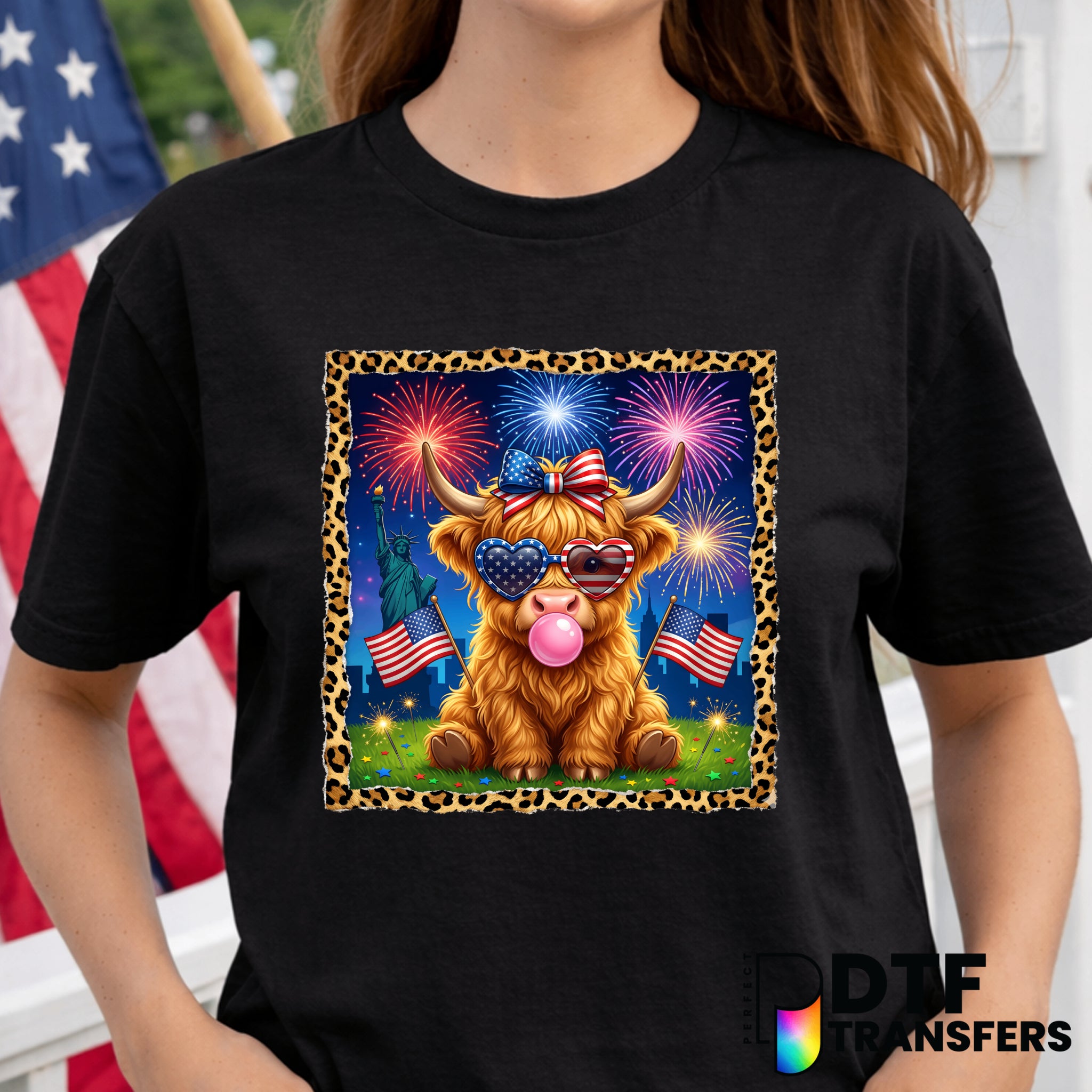 Highland Cow Fireworks Leopard – Fourth of July DTF Transfer