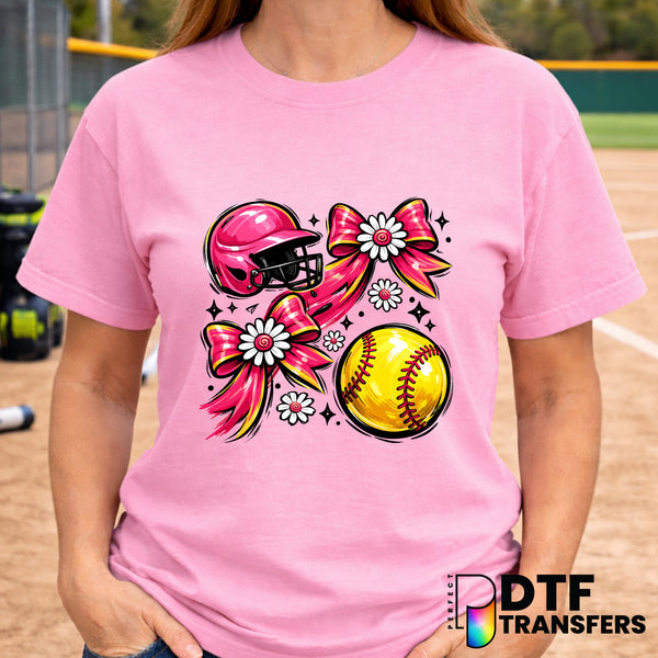 Pink Floral Bows Coquette Softball – DTF Transfer