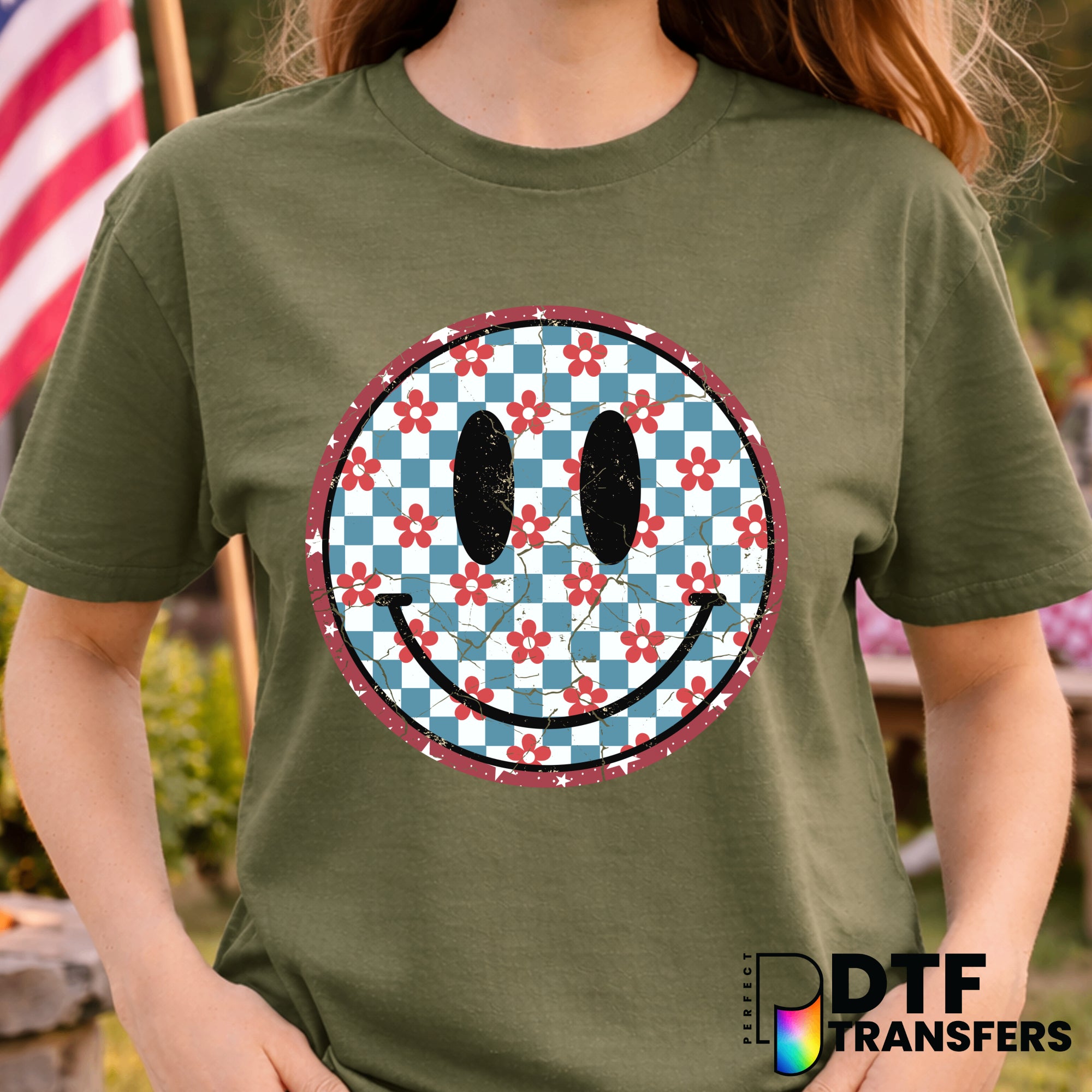 Patriotic Floral Checkered Smiley Face – Fourth of July DTF Transfer