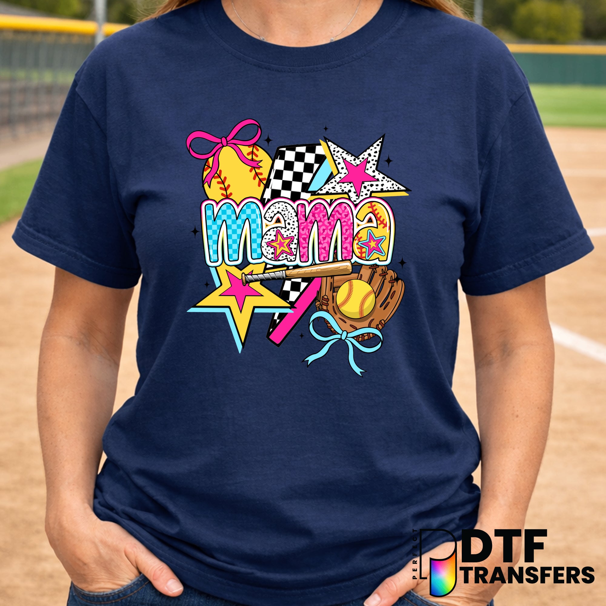 Mama Retro Colorful Softball Checkered Coquette – Softball DTF Transfer