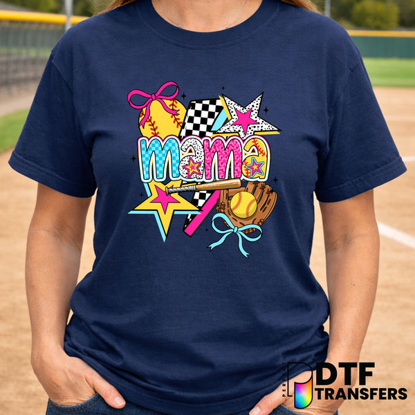 Mama Retro Colorful Softball Checkered Coquette – Softball DTF Transfer