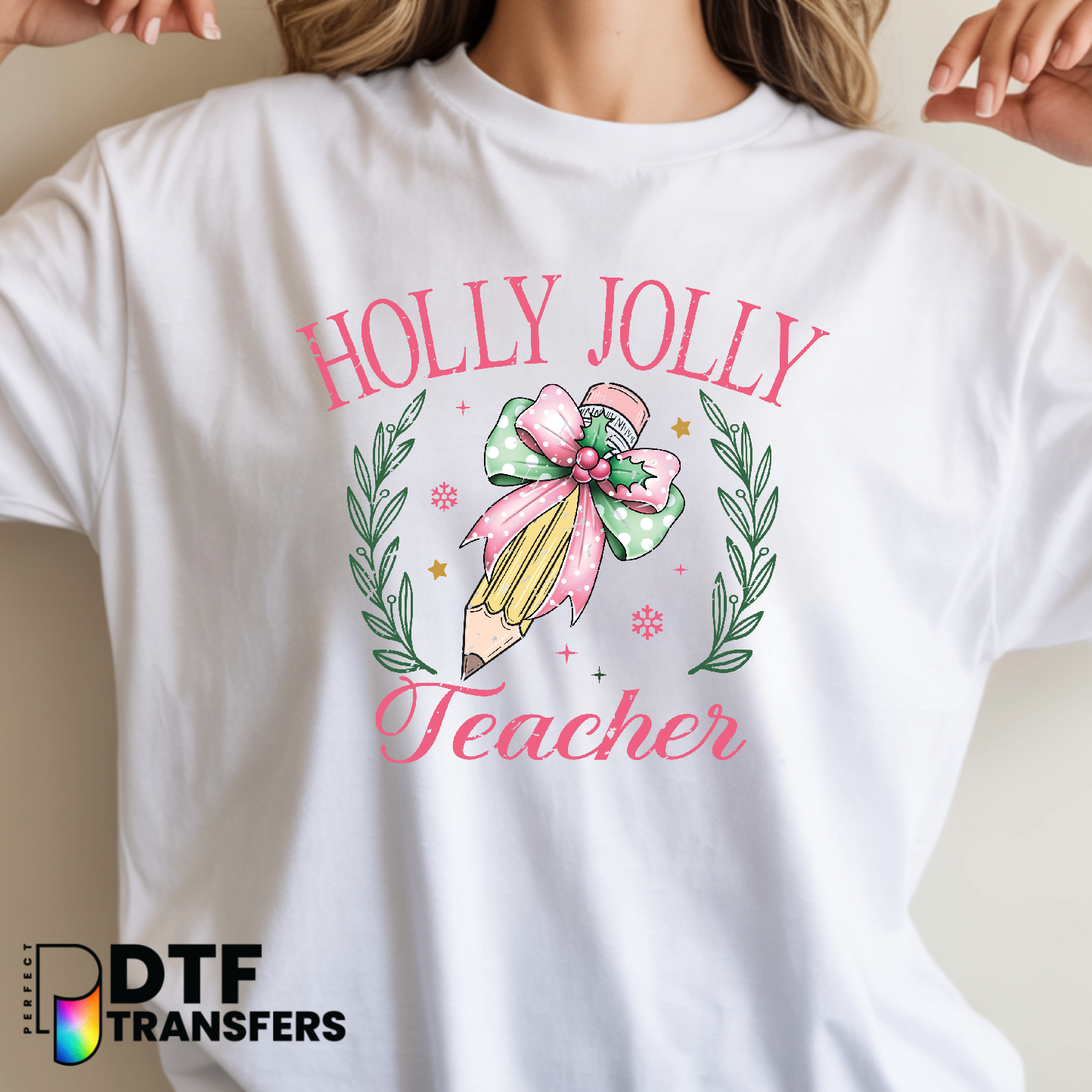Pink Holly Jolly Teacher – Teacher DTF Transfer
