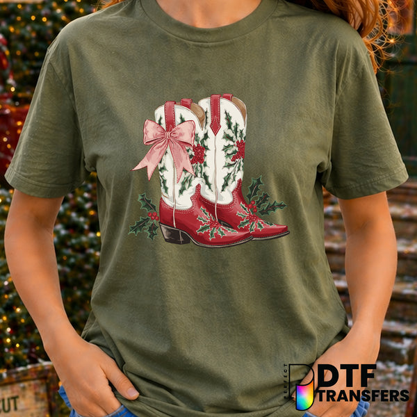Western Christmas Cowboy Boots Holly Bow Coquette – Christmas DTF Transfer