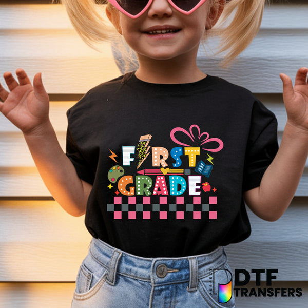 Colorful Checkered First Grade - Welcome Back to School – Teacher DTF Transfer