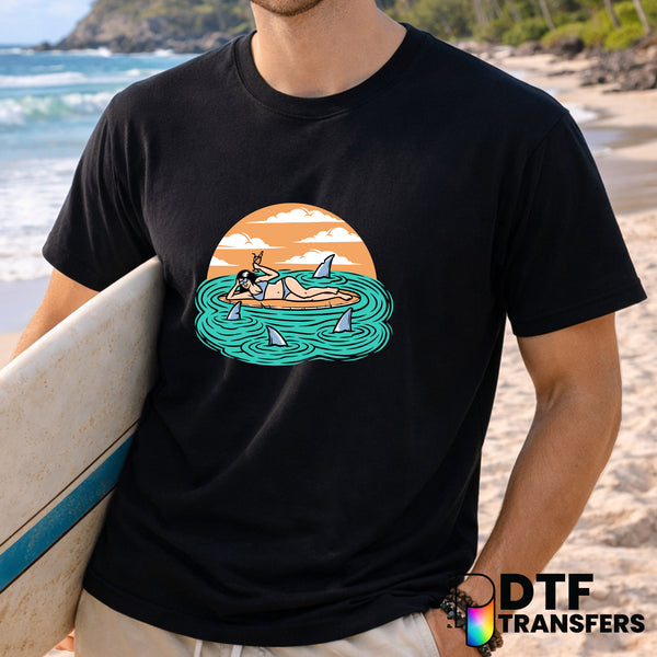 Woman Surfer & Sharks – Surfing DTF Transfer