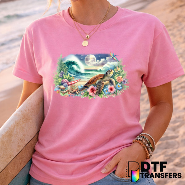 Moonlit Surf Turtle – Surfing DTF Transfer