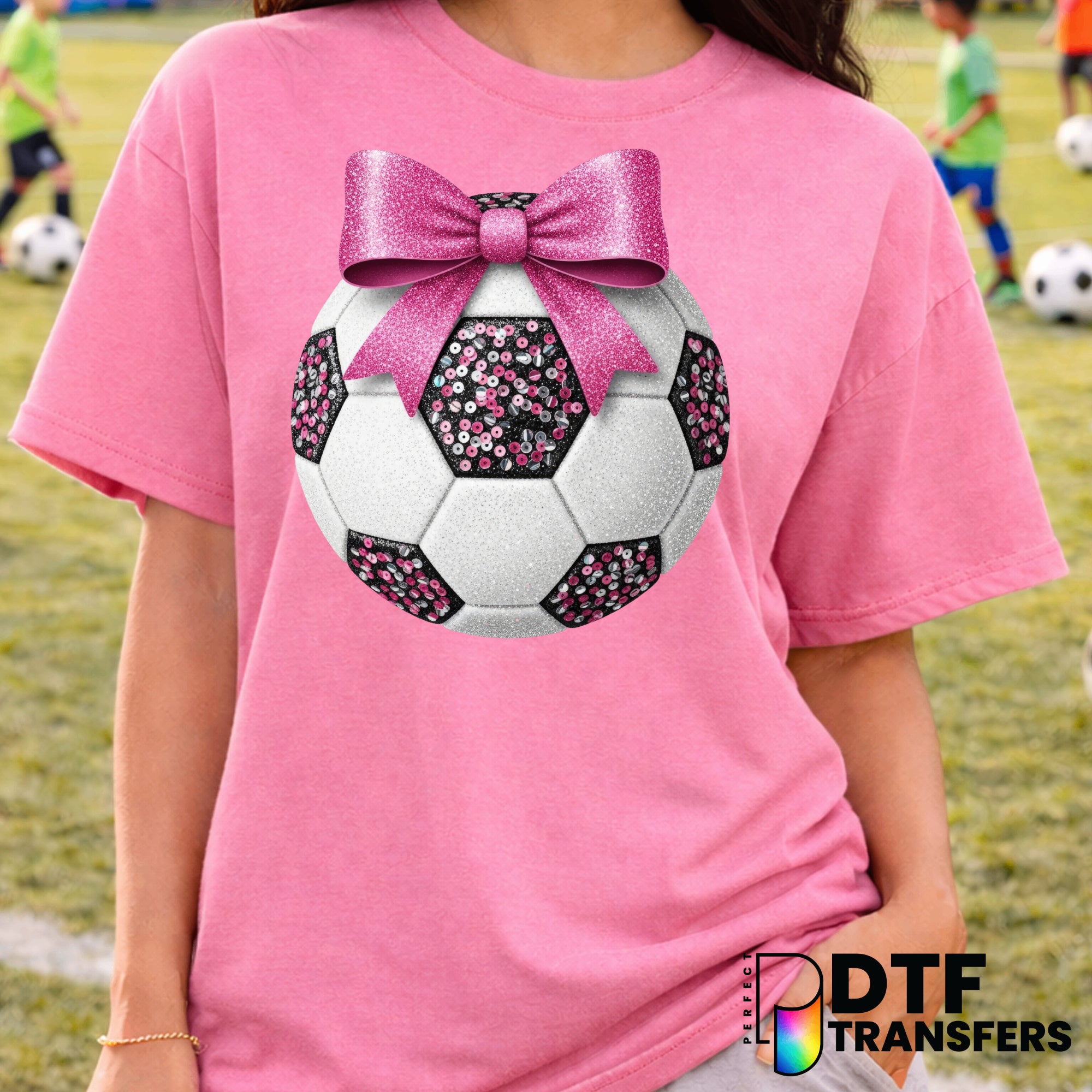 Pink Glitter Sequin Soccer Ball with Bow – Soccer DTF Transfer