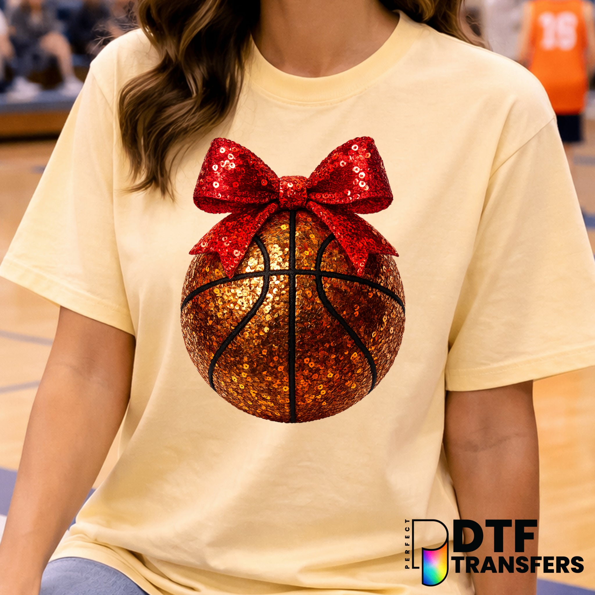 Red Faux Sequin Bow Basketball – Basketball DTF Transfer