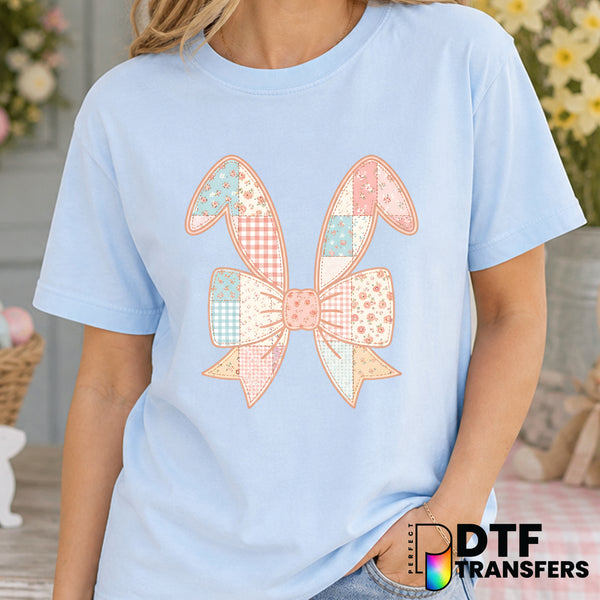 Faux Patchworks Floral Bow Coquette Easter Bunny Ears – Easter DTF Transfer