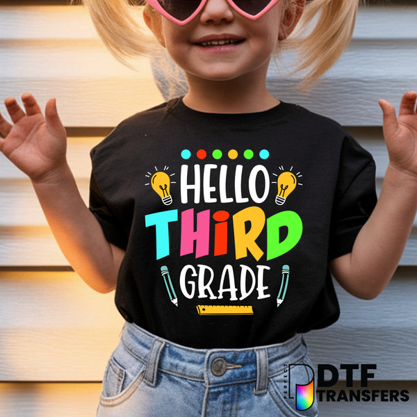 Hello Third Grade Lightbulbs Colorful – Teacher School DTF Transfer