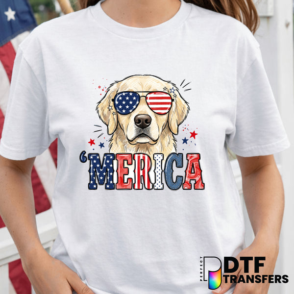 MERICA Golden Retriever – Fourth of July DTF Transfer