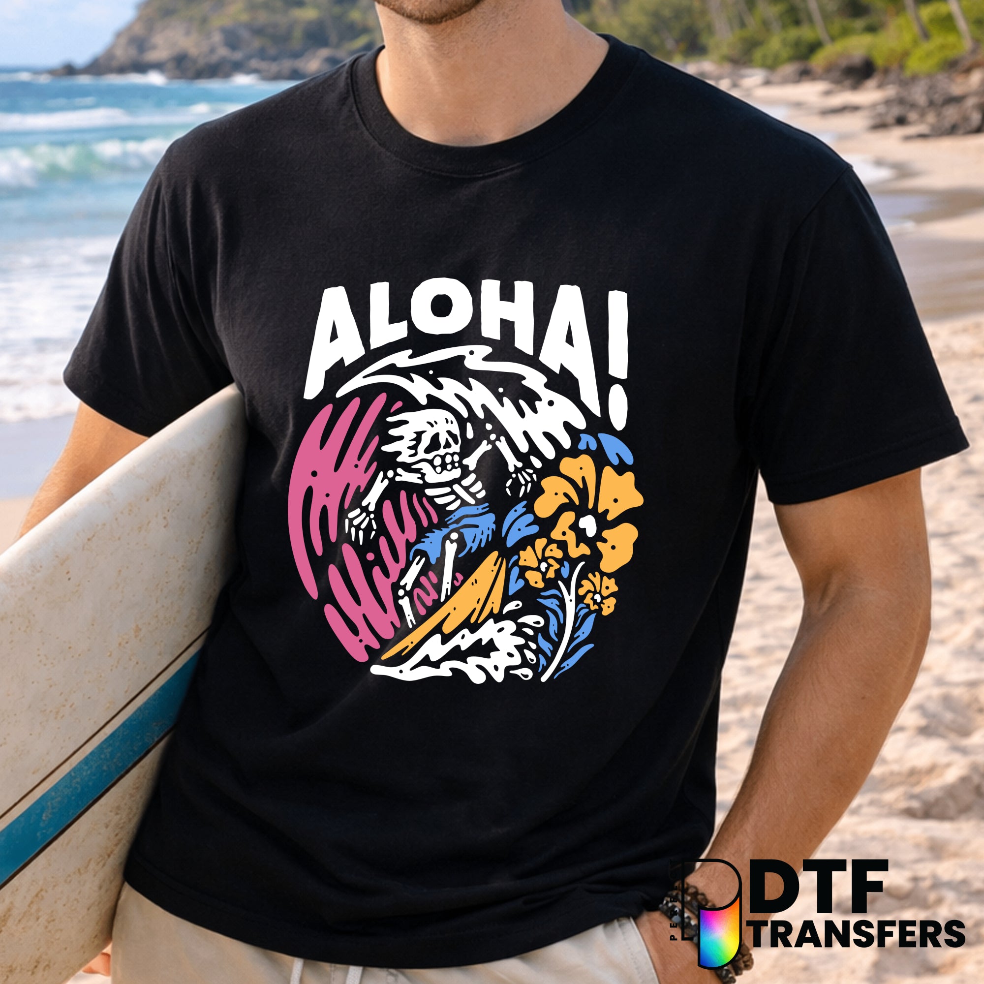 Aloha Skeleton Surfer with Tropical Florals – Surfing DTF Transfer