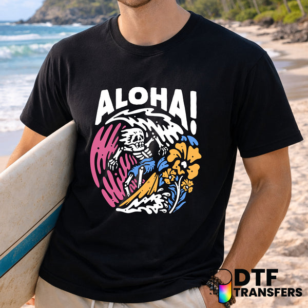 Aloha Skeleton Surfer with Tropical Florals – Surfing DTF Transfer