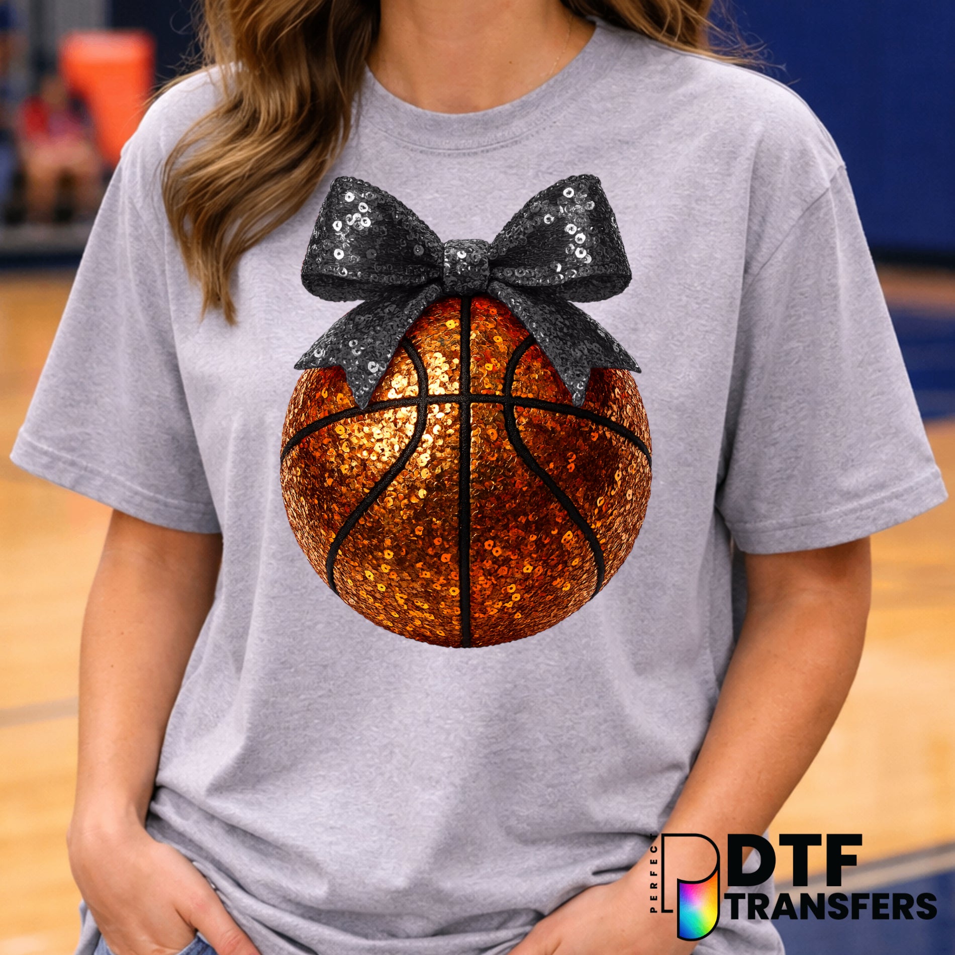 Grey Faux Sequin Bow Basketball – DTF Transfer