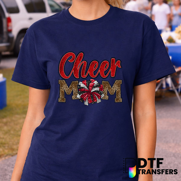 Cheer Mom Red Faux Glitter Leopard Pom Pom – Cheerleading DTF Transfer