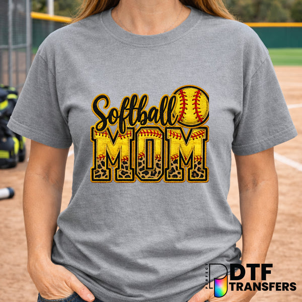 Softball Mom Faux Embroidery Leopard Script – Softball DTF Transfer