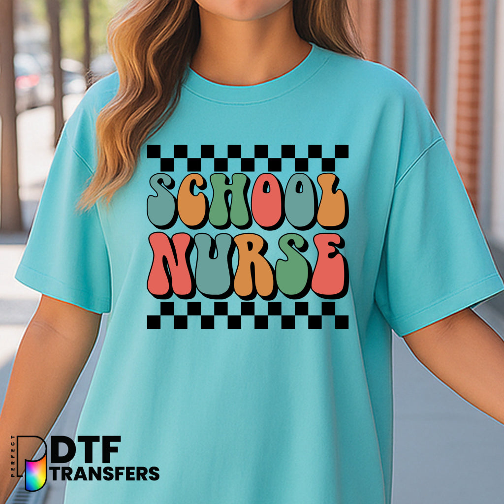 Retro Checkered School Nurse Text – School Nurse DTF Transfer