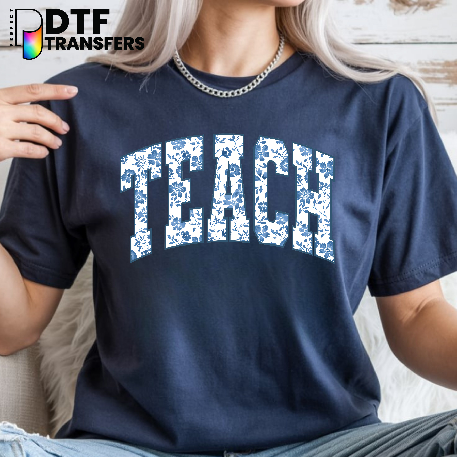 Teach Chinoiserie Blue Floral – Teacher DTF Transfer
