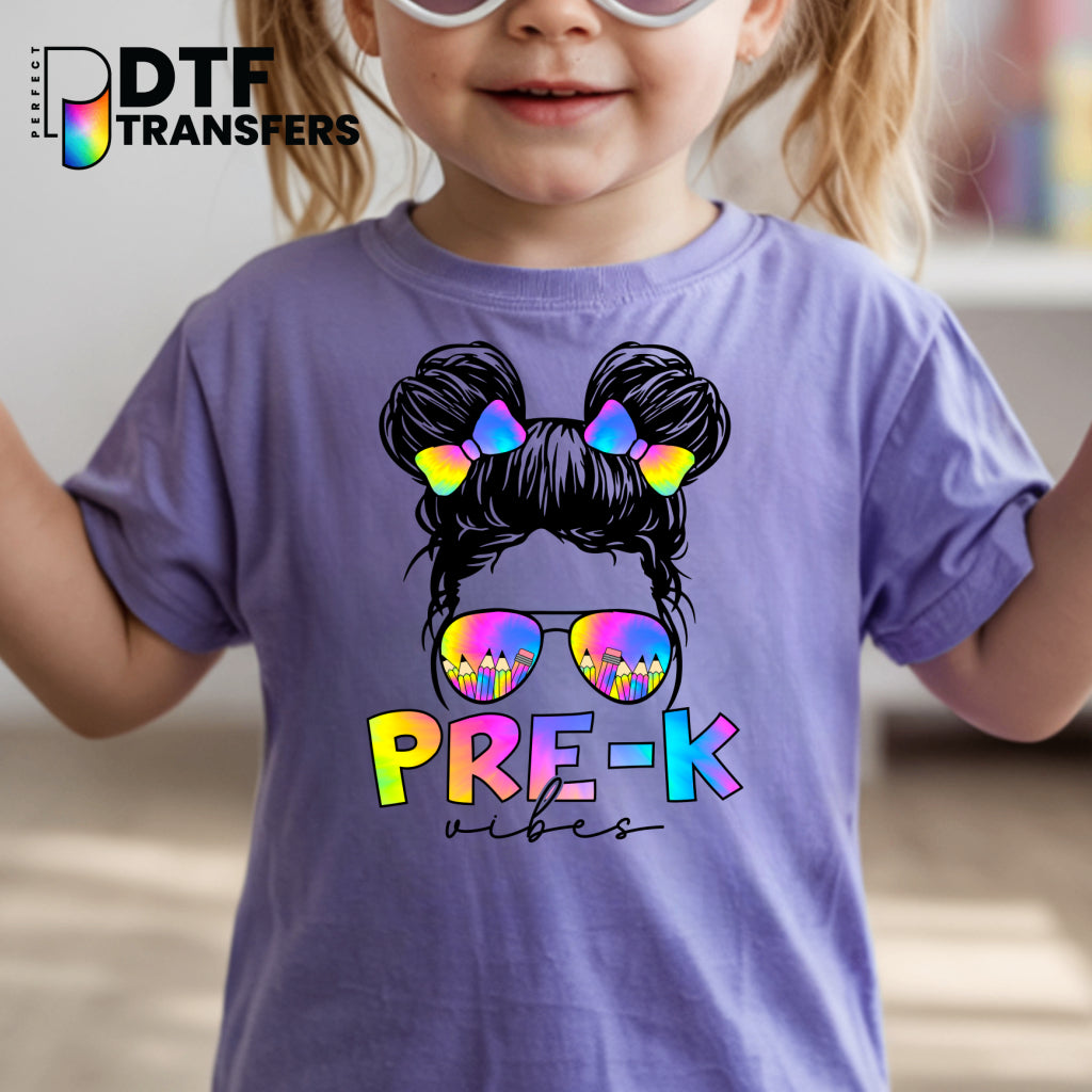 Pre-K Vibes Messy Bun Tie Dye – Teacher DTF Transfer