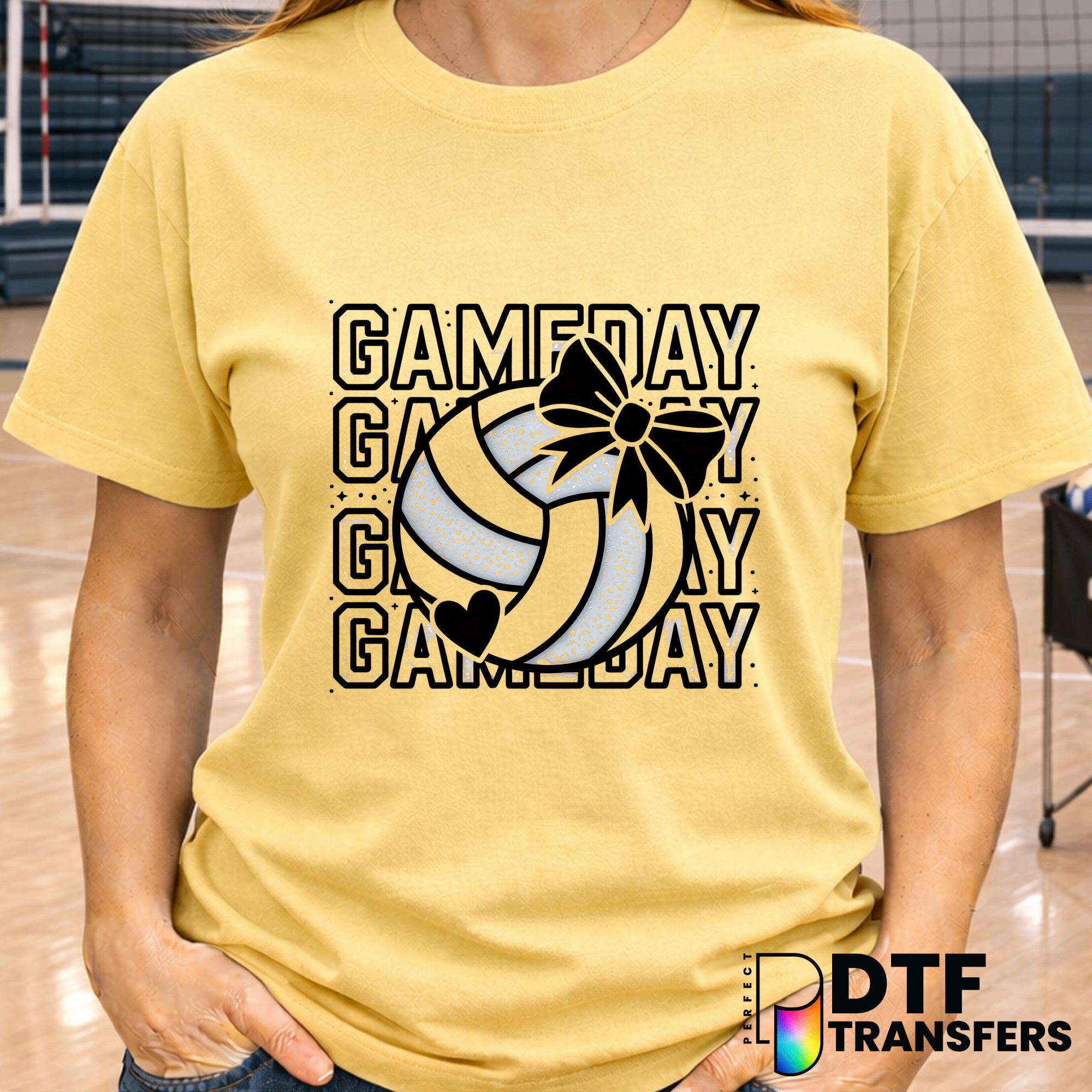 Game Day Stacked Silver Volleyball Coquette Bow – DTF Transfer