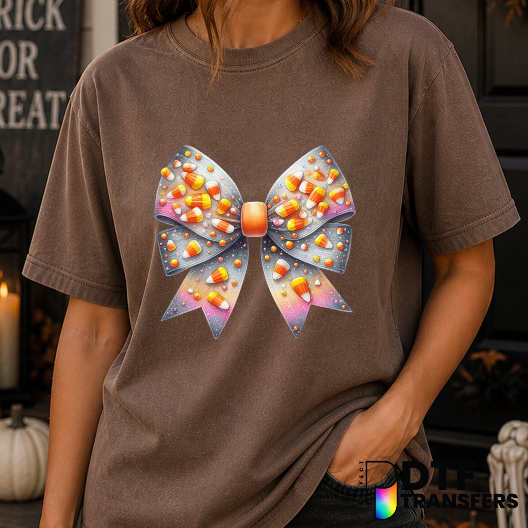 Candy Corn Coquette Bow – Halloween DTF Transfer