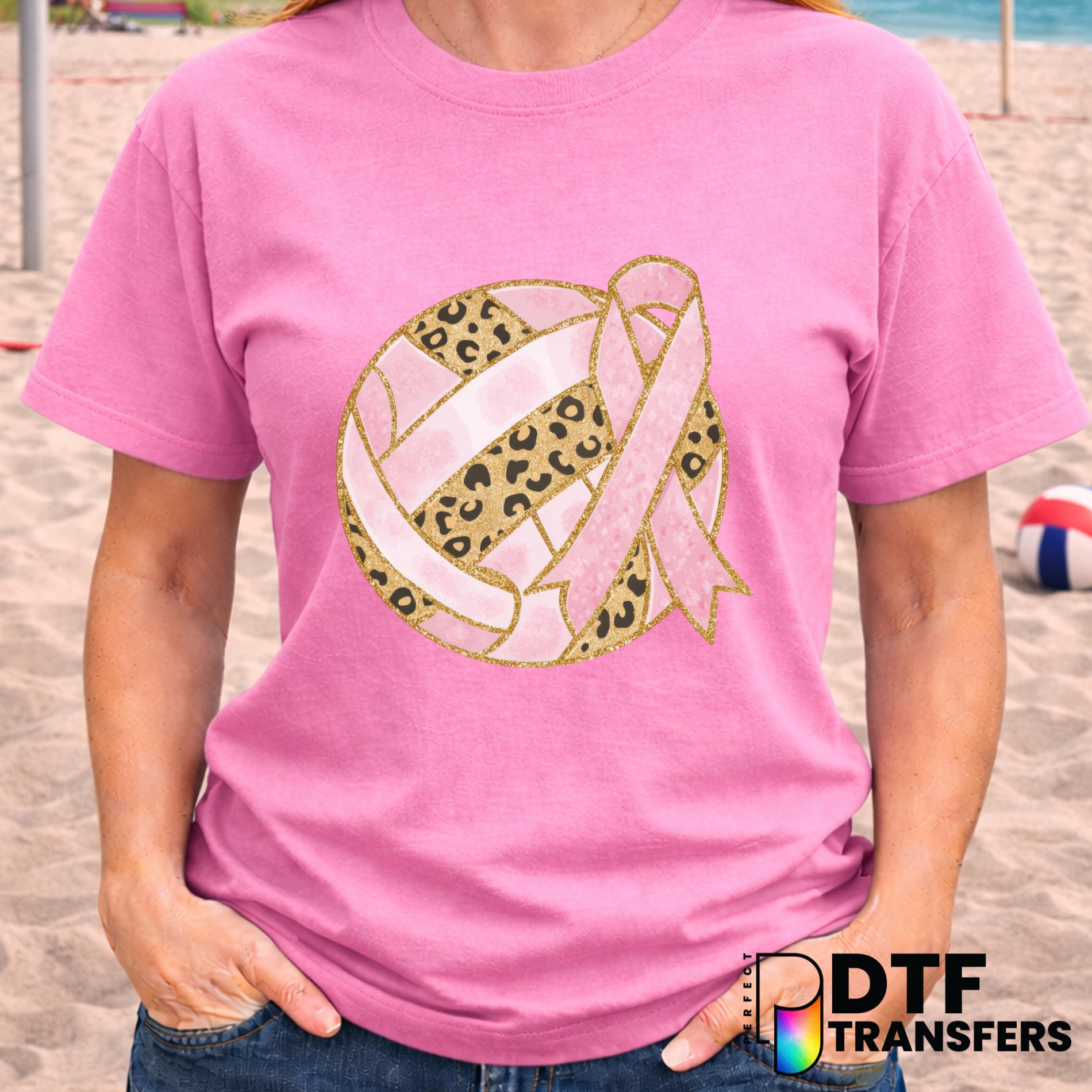 Pink Ribbon Leopard Print Volleyball – DTF Transfer