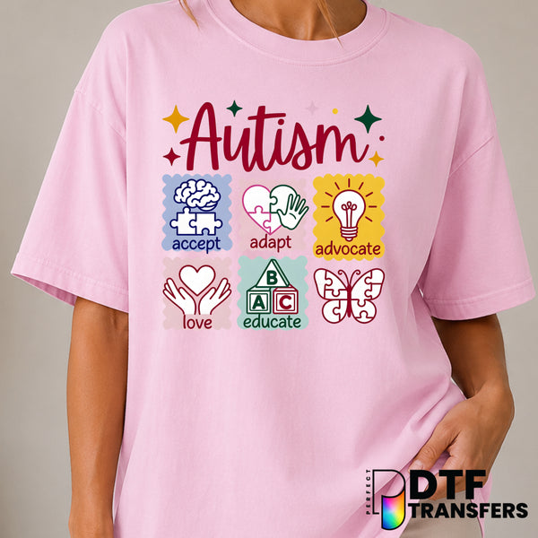 ACCEPT ADAPT ADVOCATE LOVE EDUCATE – Autism Awareness DTF Transfer (view 1 of 2) – by Perfect DTF Transfers – Premade DTF...