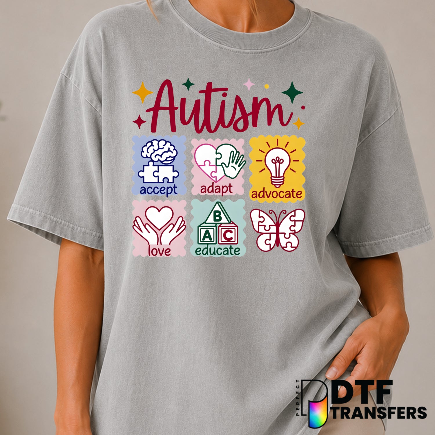 ACCEPT ADAPT ADVOCATE LOVE EDUCATE – Autism Awareness DTF Transfer (view 2 of 2) – by Perfect DTF Transfers – Premade DTF...