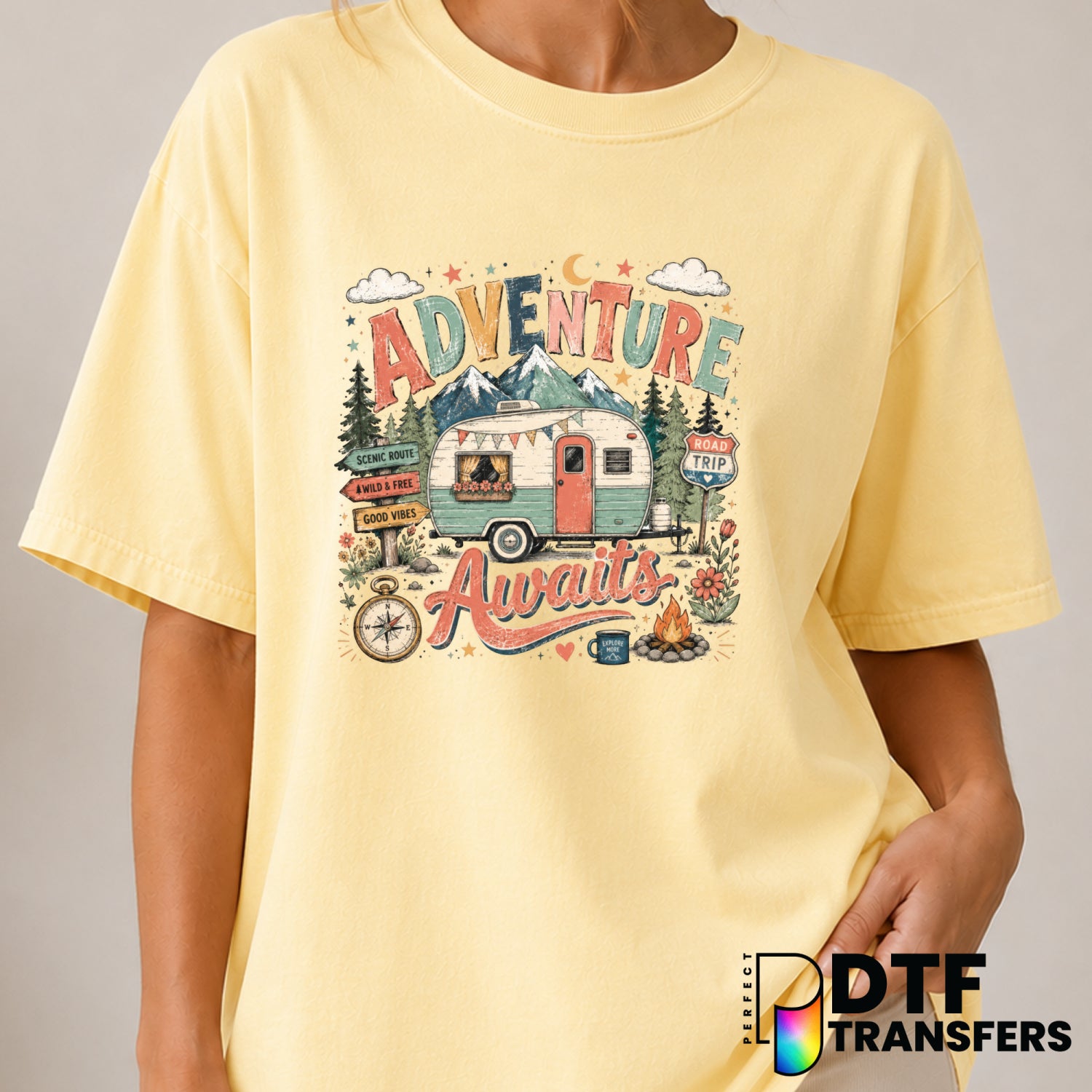 ADVENTURE AWAITS – Camping DTF Transfer (view 1 of 2) – by Perfect DTF Transfers – Premade DTF Transfers – Camping, Outdoor