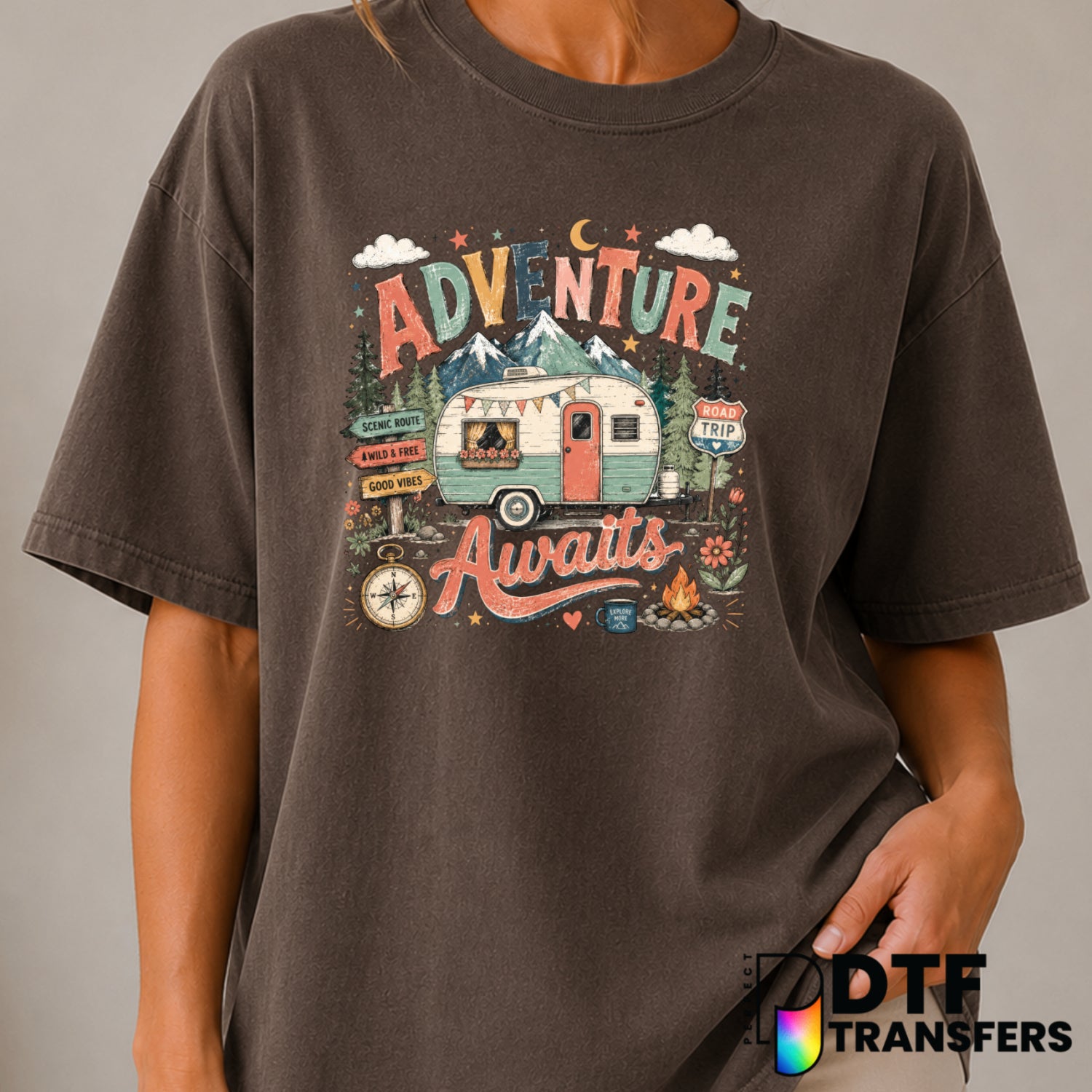 ADVENTURE AWAITS – Camping DTF Transfer (view 2 of 2) – by Perfect DTF Transfers – Premade DTF Transfers – Camping, Outdoor