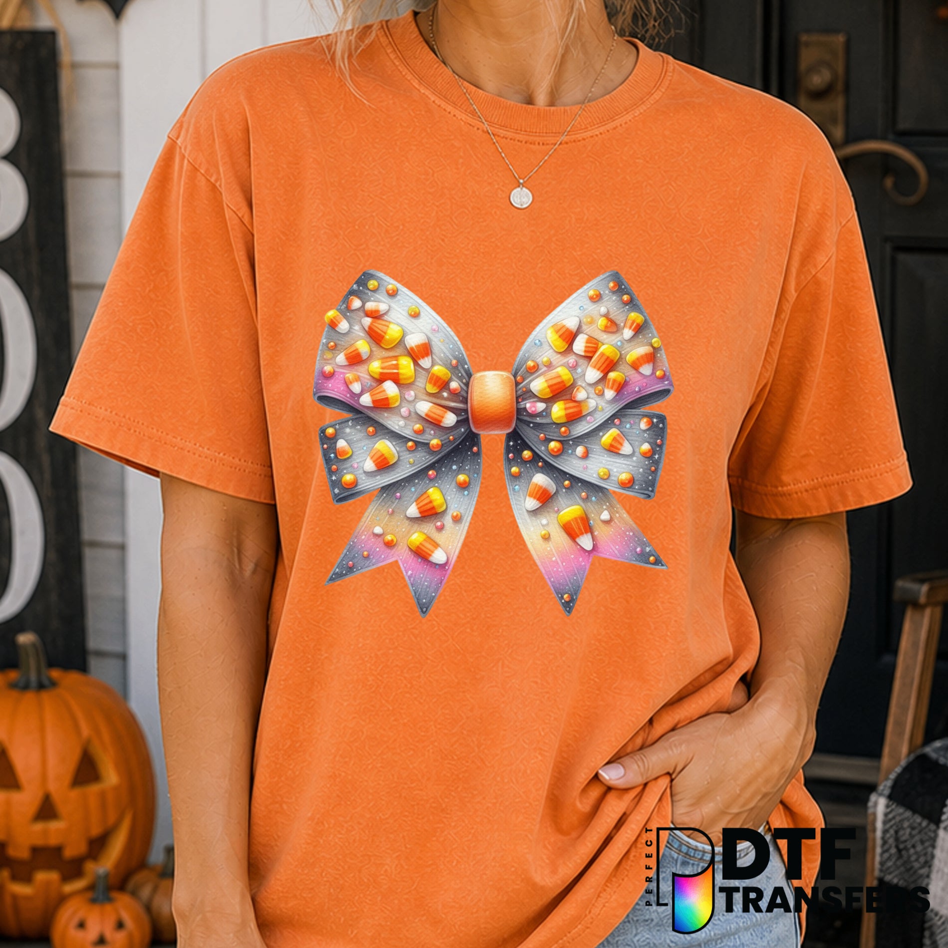 Candy Corn Coquette Bow – Halloween DTF Transfer