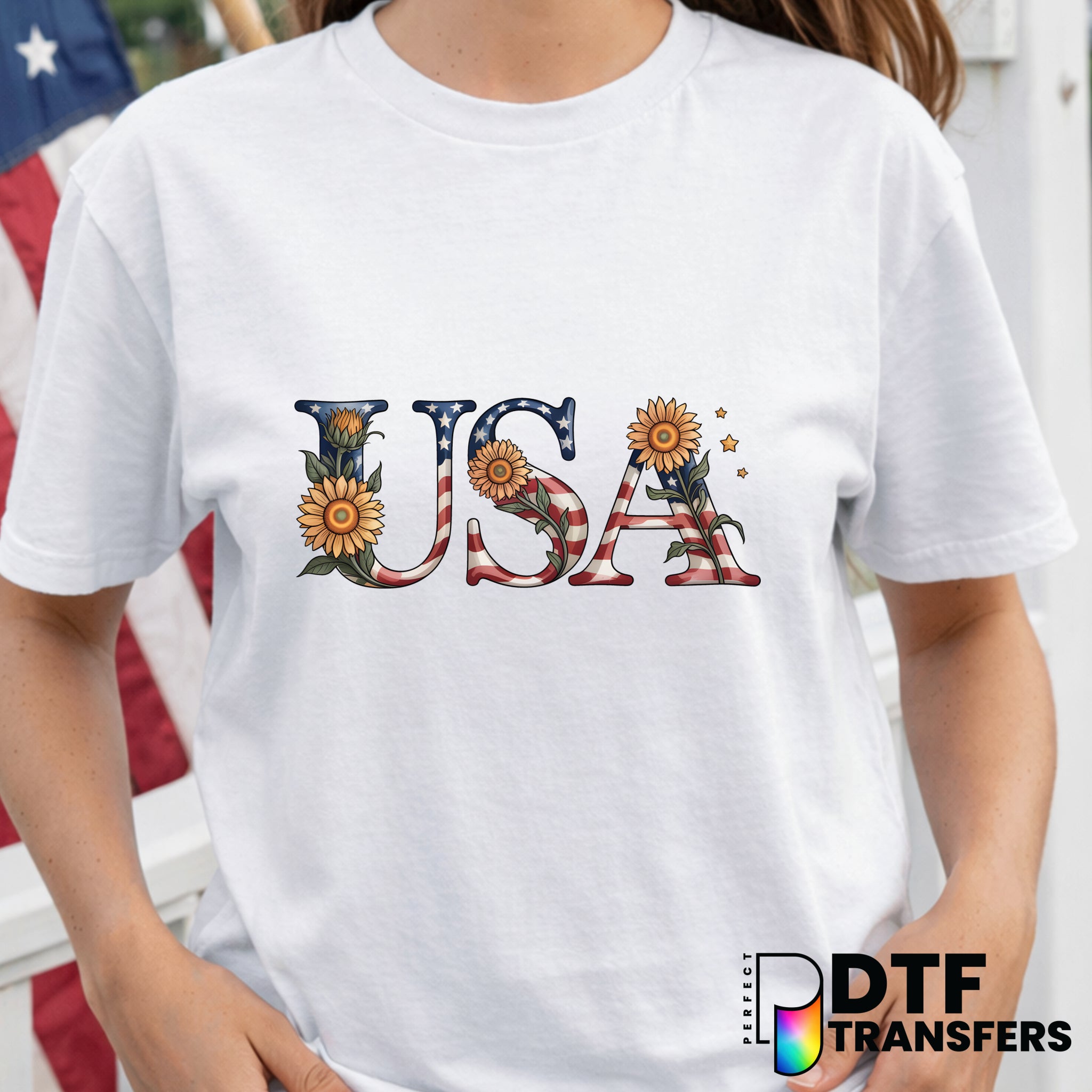 Floral American Flag Heart – Fourth of July DTF Transfer