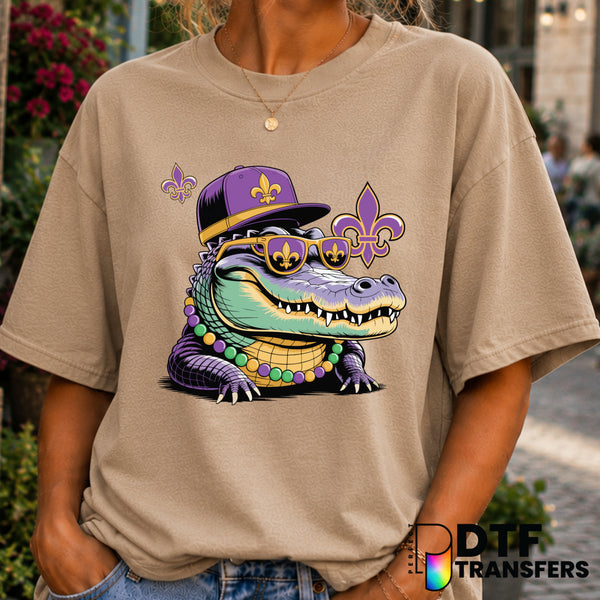 Alligator with Sunglasses Mardi Gras – DTF Transfer (view 1 of 2) – by Perfect DTF Transfers – Premade DTF Transfers – Mar...