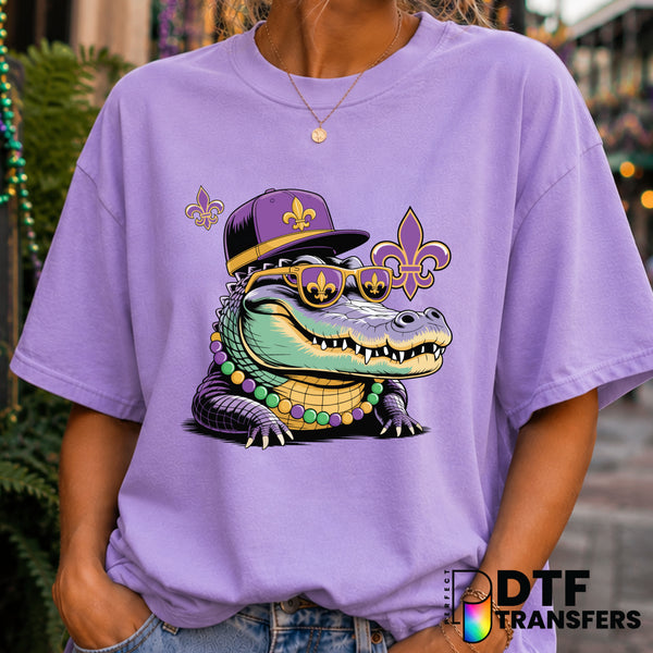Alligator with Sunglasses Mardi Gras – DTF Transfer (view 2 of 2) – by Perfect DTF Transfers – Premade DTF Transfers – Mar...