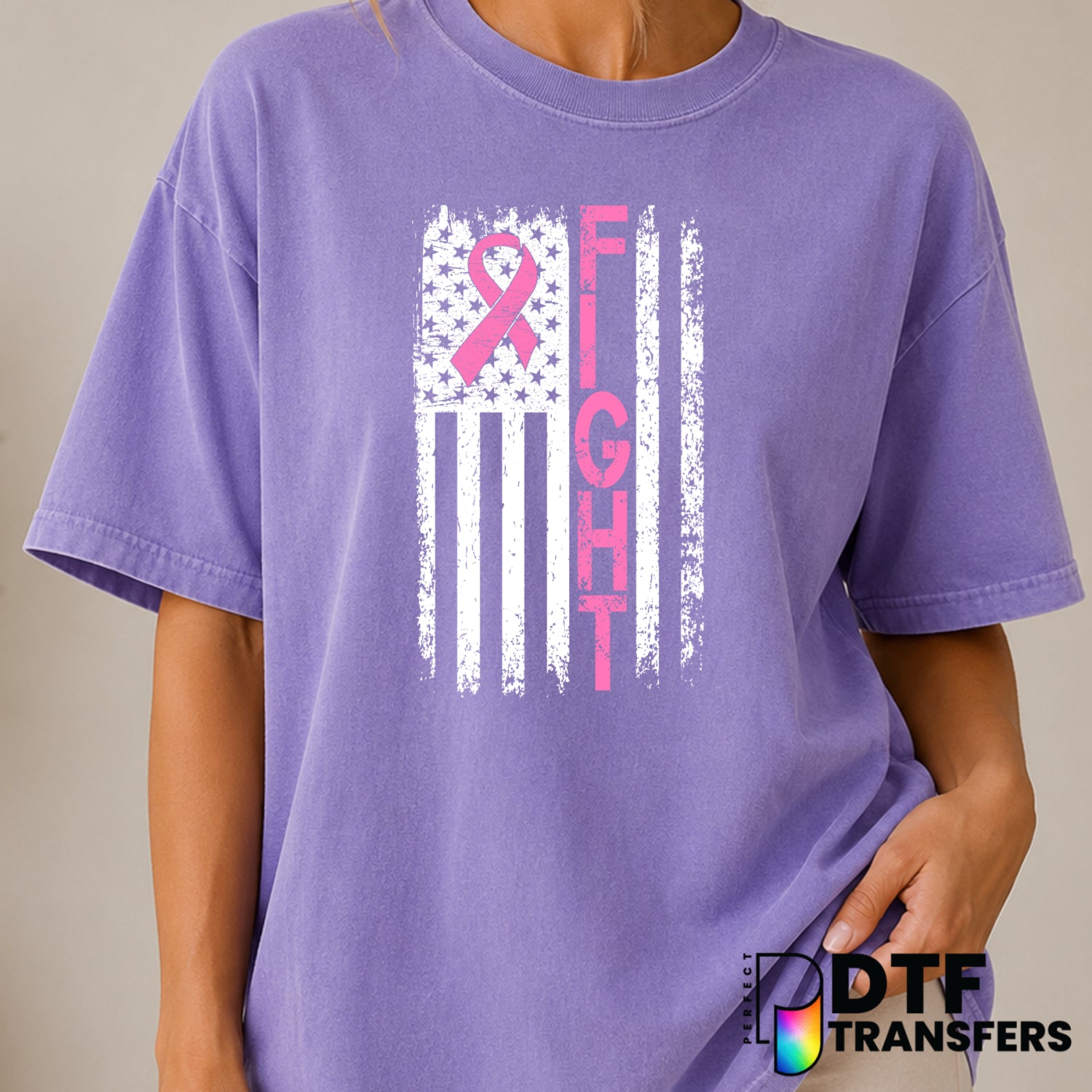 American Flag Fight Breast Cancer – DTF Transfer (view 2 of 2) – by Perfect DTF Transfers – Premade DTF Transfers – Cancer...