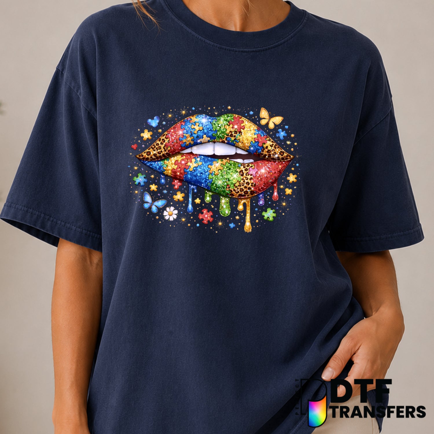 Autism Awareness Glitter Lips Colorful Leopard – DTF Transfer (view 1 of 2) – by Perfect DTF Transfers – Premade DTF Trans...