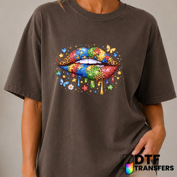Autism Awareness Glitter Lips Colorful Leopard – DTF Transfer (view 2 of 2) – by Perfect DTF Transfers – Premade DTF Trans...