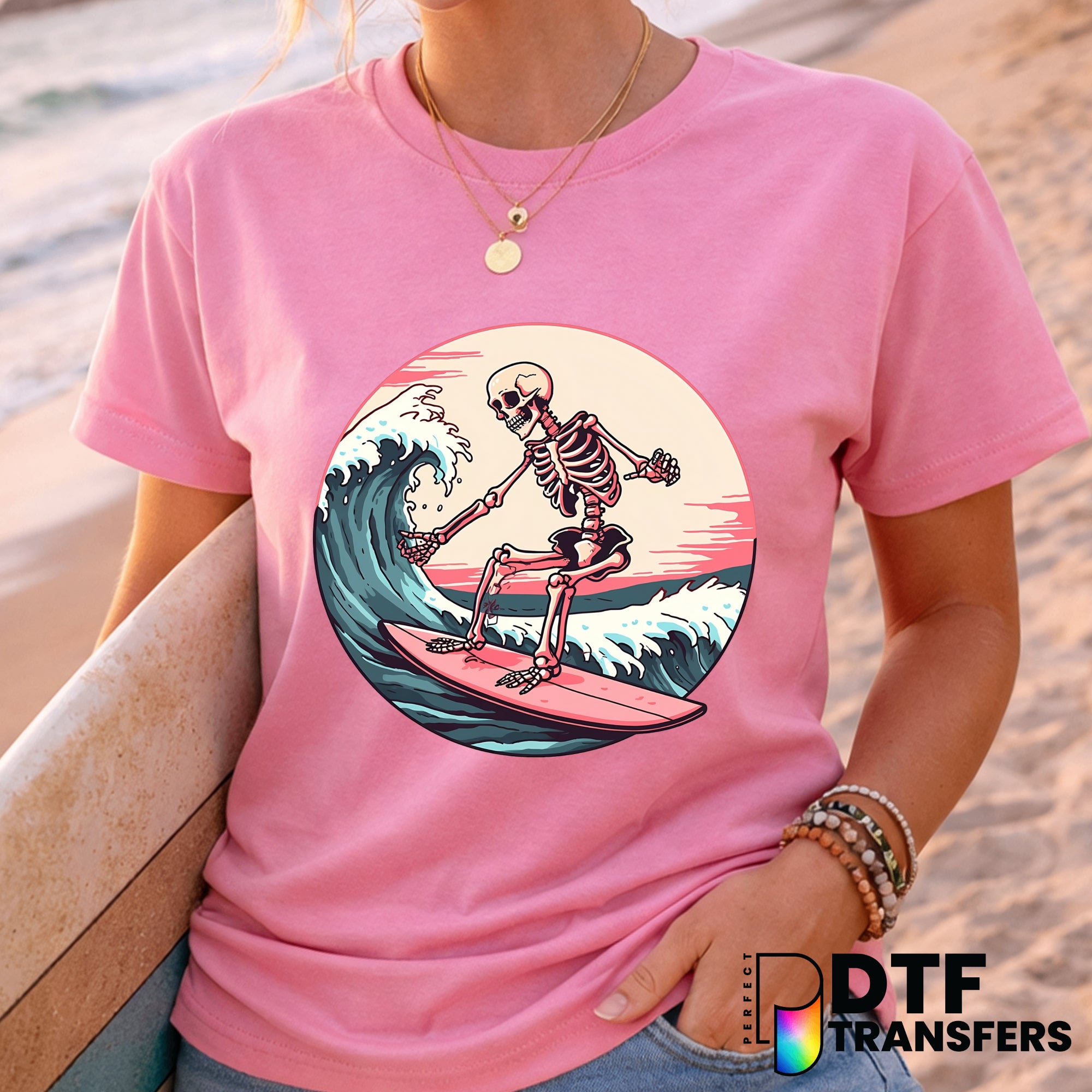 Pink Sunset Skeleton Surfer – Surfing DTF Transfer
