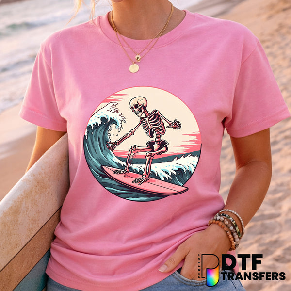 Pink Sunset Skeleton Surfer – Surfing DTF Transfer