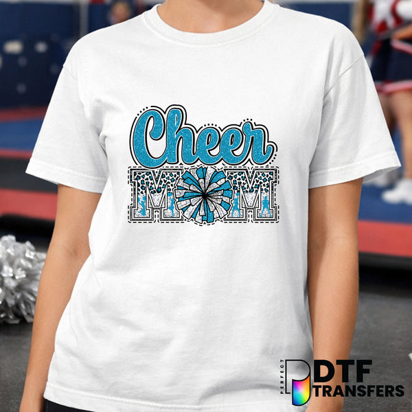 Cheer Mom Faux Glitter Leopard Light Blue Pom Pom – Cheerleading DTF Transfer