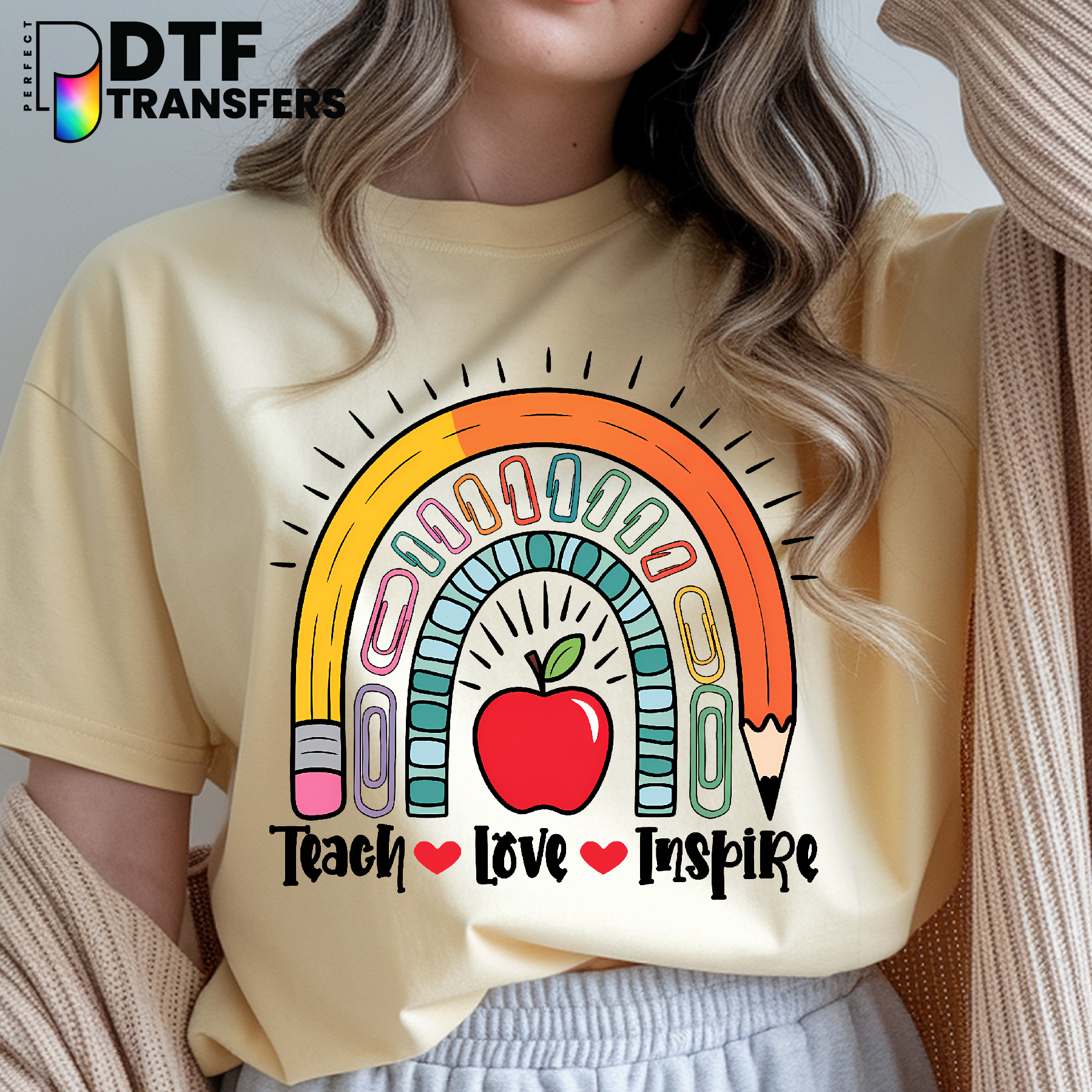 Teach Love Inspire Pencil Rainbow Teacher DTF Transfer