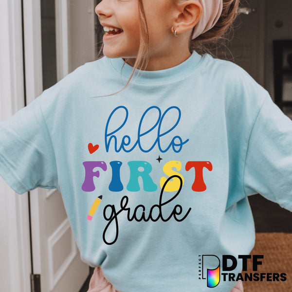 Hello First Grade Retro Script – Teacher DTF Transfer
