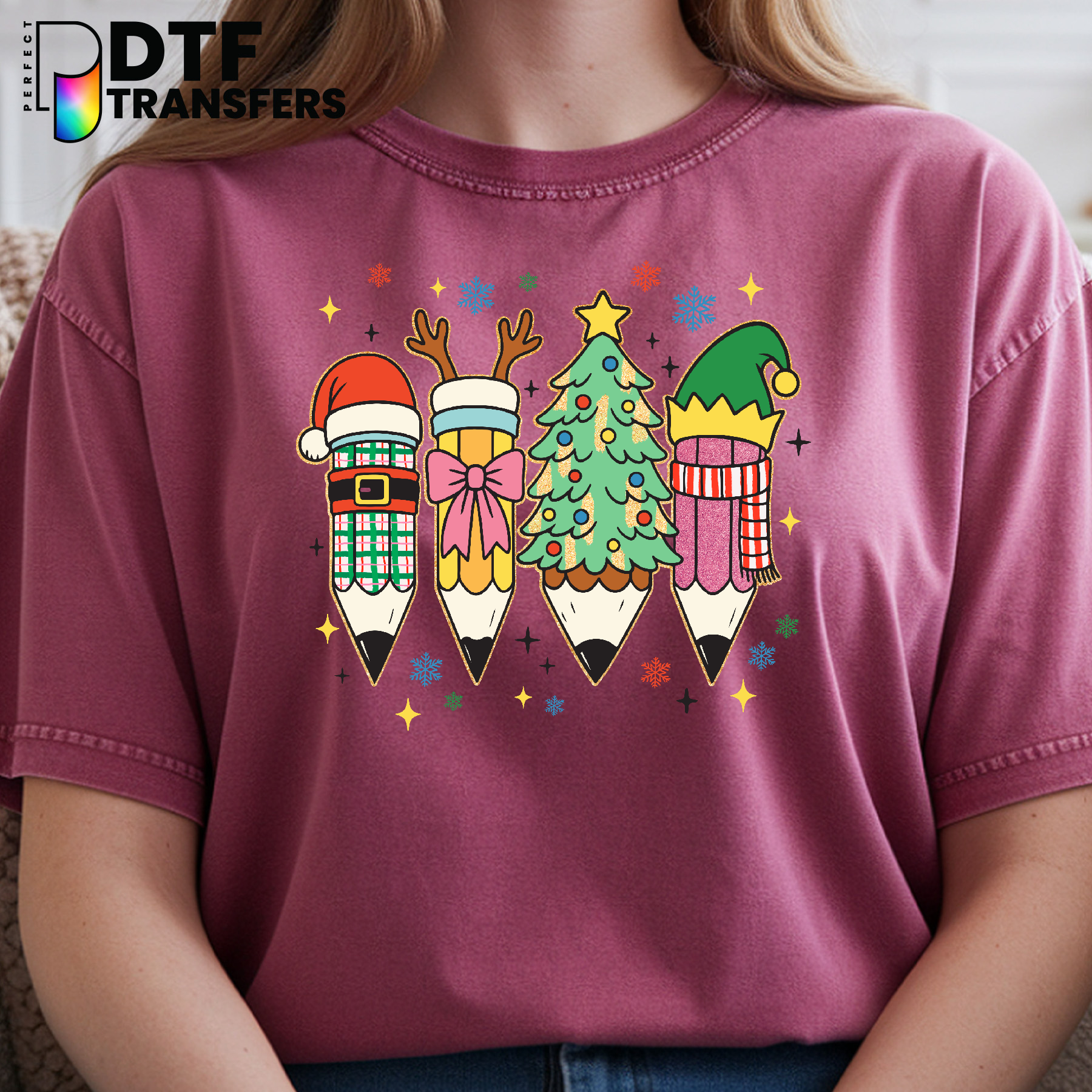 Teacher with Festive Christmas Pencils – Teacher DTF Transfer