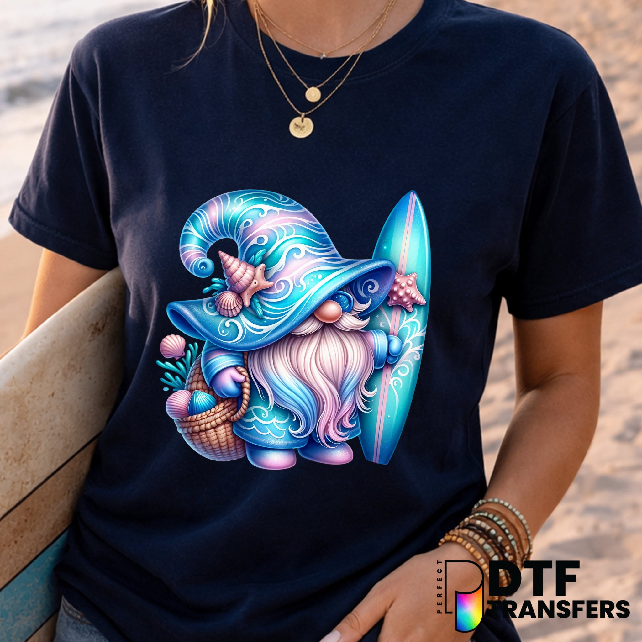 Surfing Gnome with Surfboard – Surfing DTF Transfer